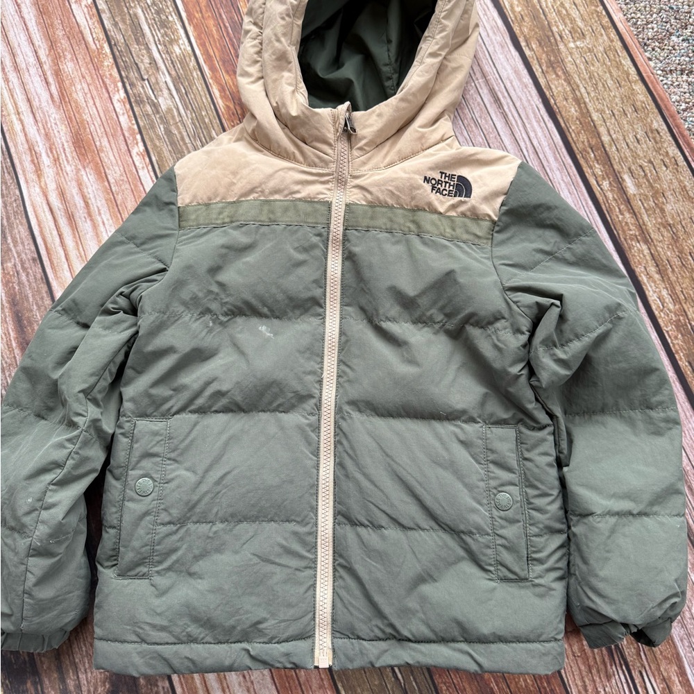 The North Face Kids Hooded Two-Tone Puffer Jacket - Olive & Tan